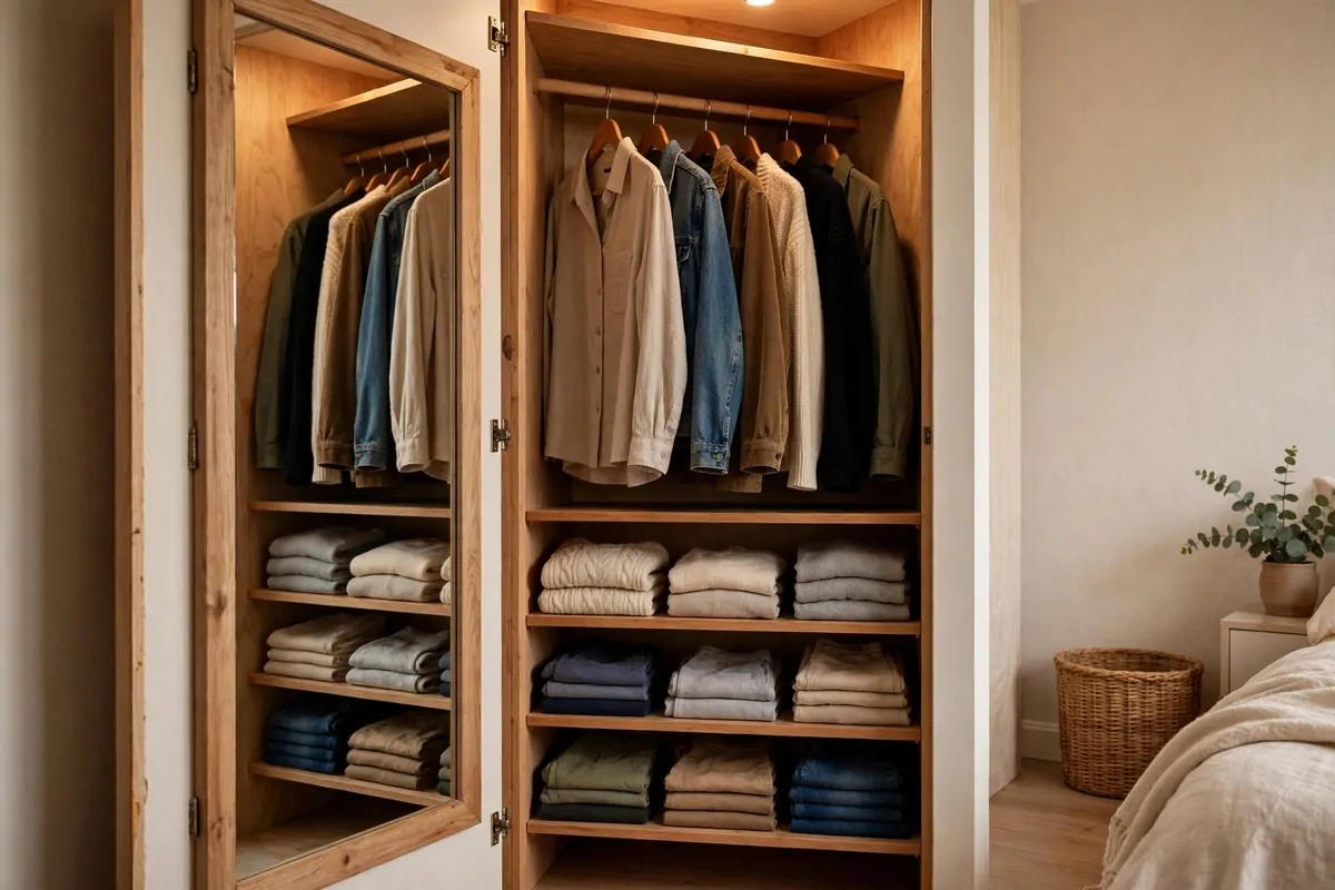 26 Closet Organization Ideas That Make Mornings So Much Easier 19 Full-length mirror mounted on the inside of a closet door reflecting the organized closet