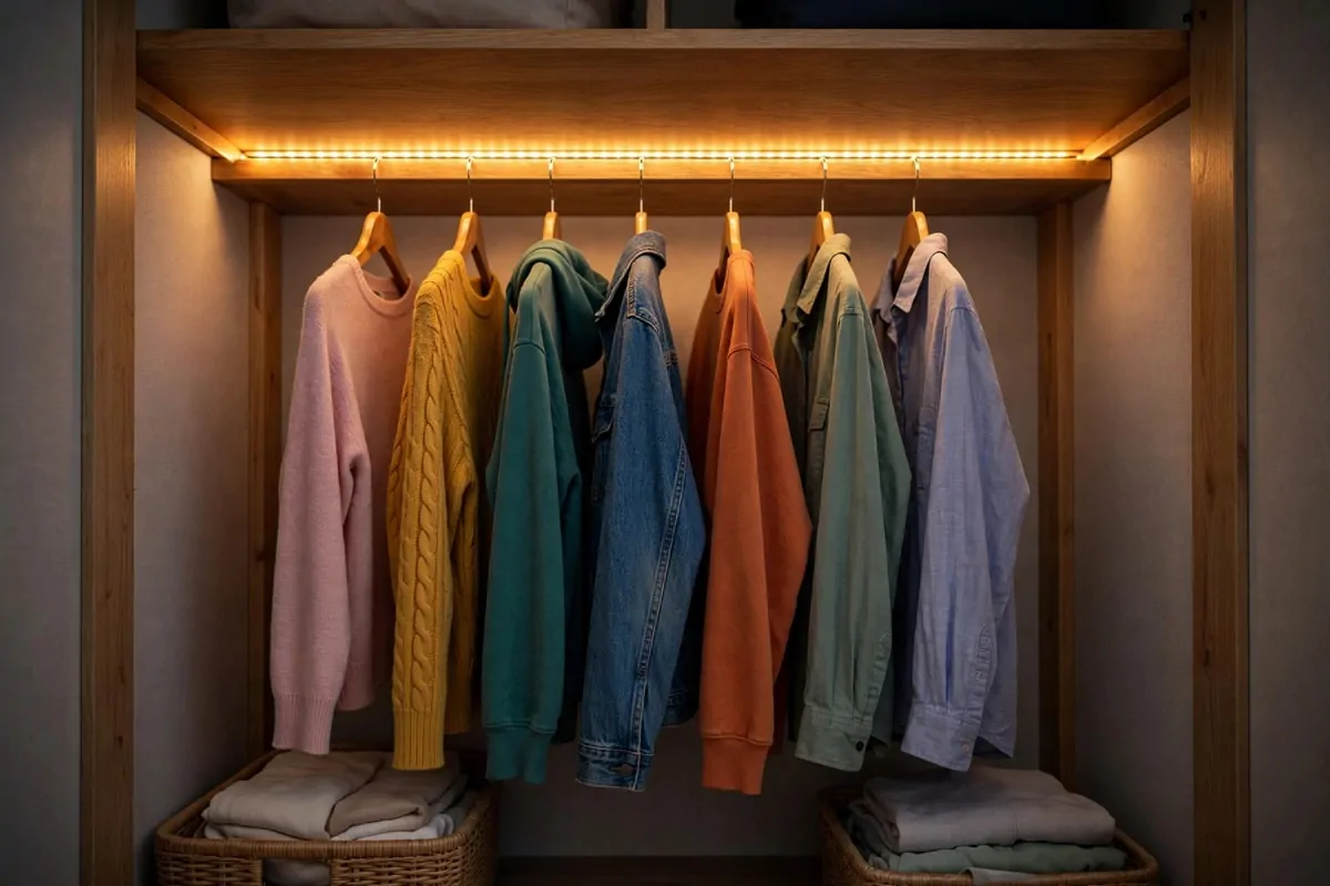 26 Closet Organization Ideas That Make Mornings So Much Easier 20 Closet interior glowing warm with an LED strip light under a shelf, shelves clearly lit