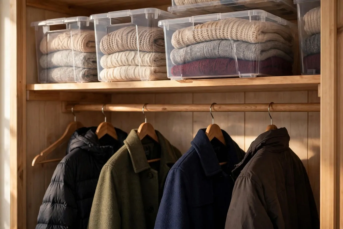 26 Closet Organization Ideas That Make Mornings So Much Easier 21 Clear storage bins labeled by season filled with folded sweaters being moved to a high closet shelf