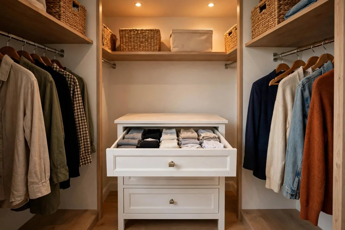 26 Closet Organization Ideas That Make Mornings So Much Easier 22 Small white dresser inside a walk-in closet with drawers for underwear, socks and folded knits