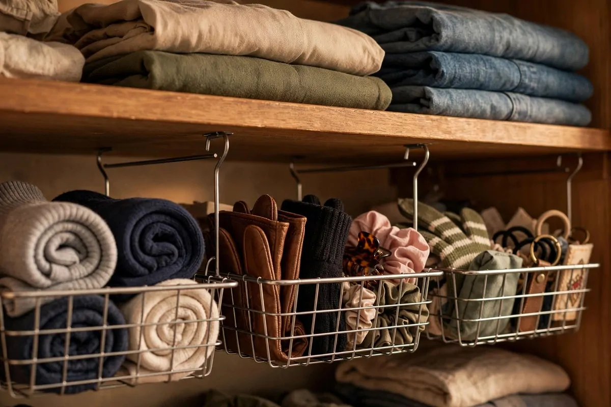 26 Closet Organization Ideas That Make Mornings So Much Easier 23 Wire under-shelf baskets sliding onto a closet shelf holding socks, gloves and small accessories