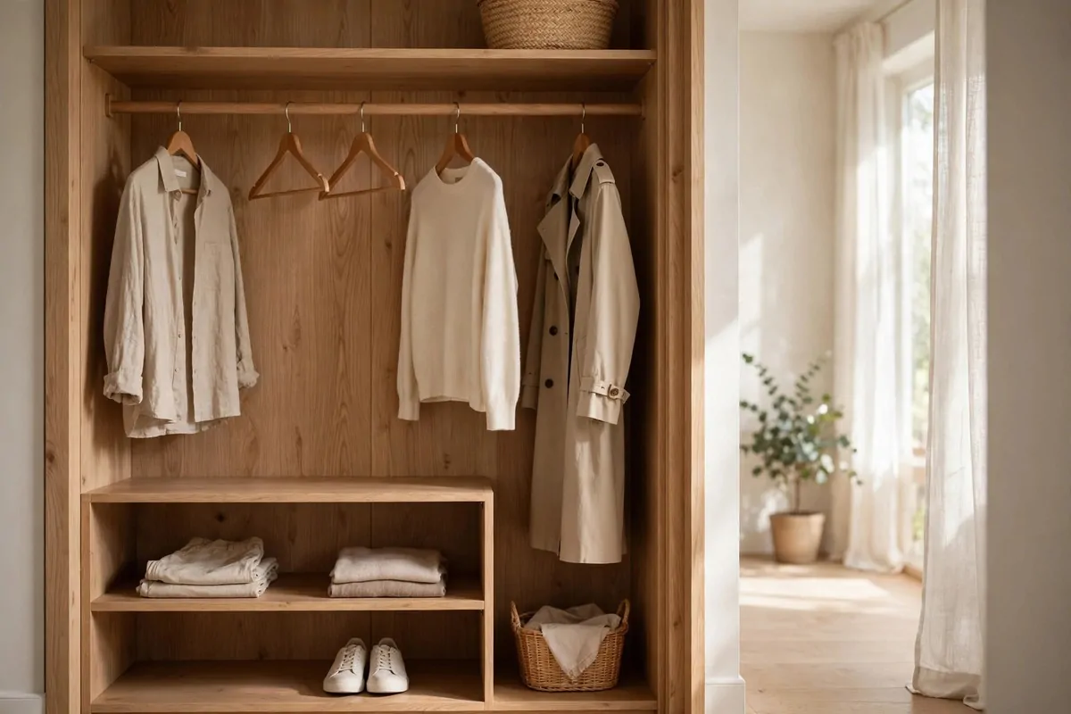 26 Closet Organization Ideas That Make Mornings So Much Easier 24 Tidy minimal closet rod with space between hangers showing a calm uncrowded wardrobe