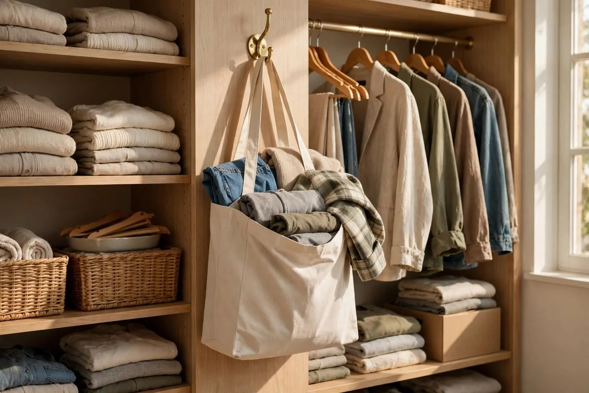 26 Closet Organization Ideas That Make Mornings So Much Easier 25 Fabric tote bag hanging on a closet hook labeled for donations with folded clothes going in