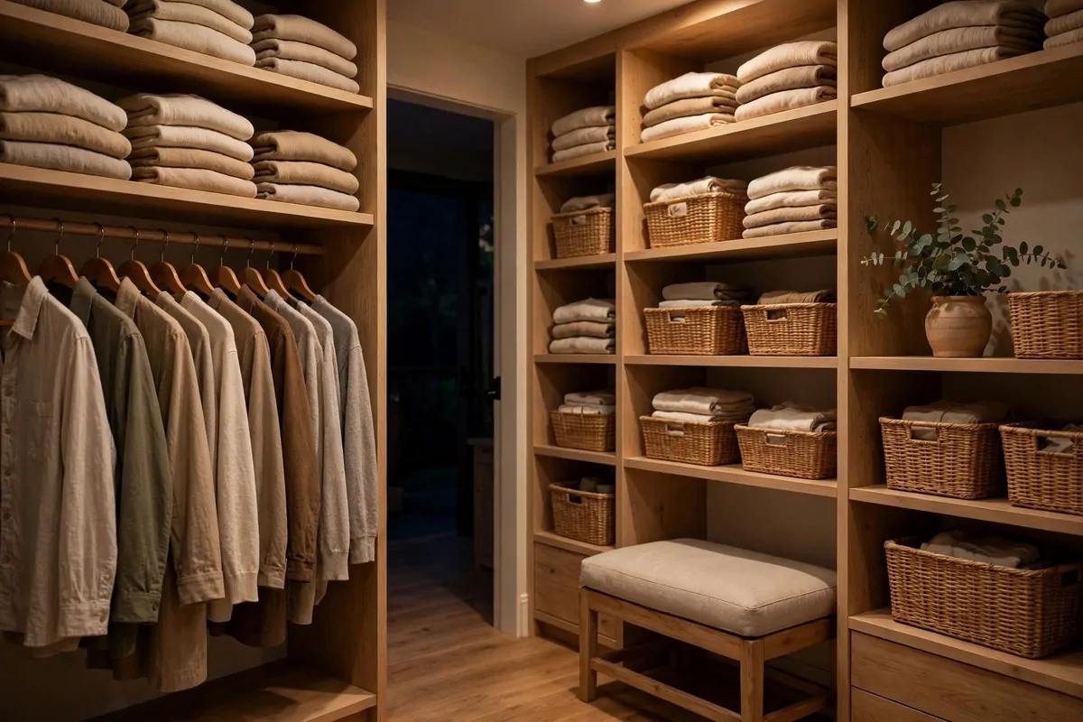 26 Closet Organization Ideas That Make Mornings So Much Easier 26 Calm organized closet at night with soft lighting and everything hanging neatly in place