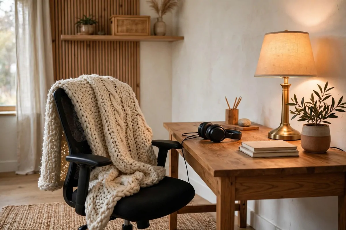 26 Cozy Home Office Setups That Feel Like a Warm Hug 1 A chunky cream knit blanket draped over the back of an office chair beside a wooden desk with a warm glowing lamp, headphones, and books.