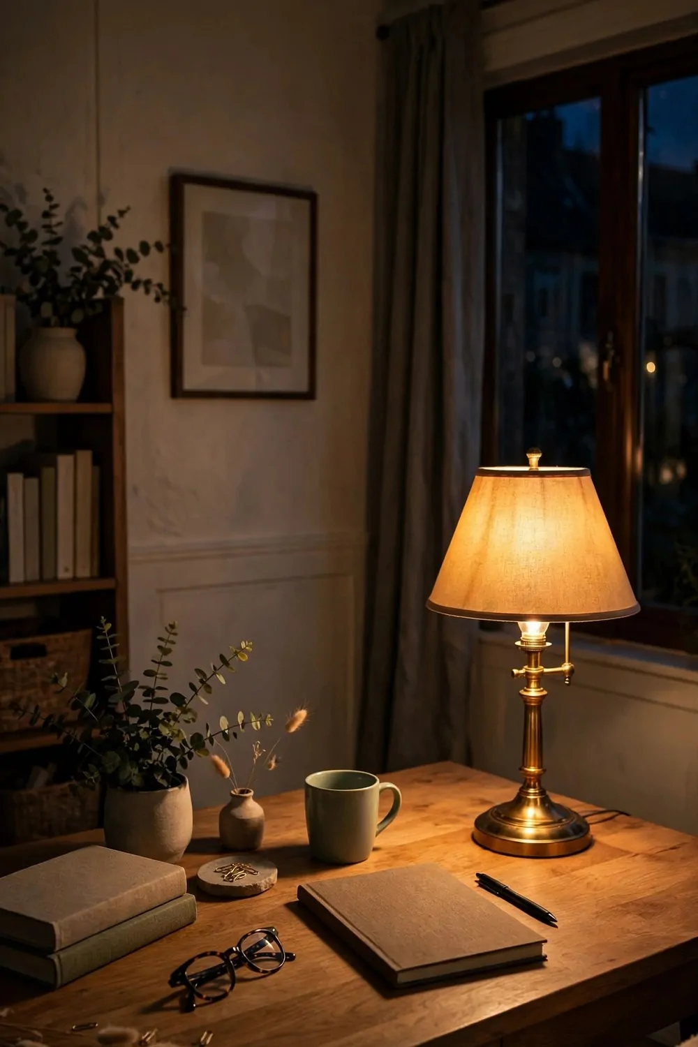 26 Cozy Home Office Setups That Feel Like a Warm Hug 2 A home office desk lit by one warm glowing table lamp in the evening, with a mug, notebook, glasses, and plants, in soft golden light and cozy shadows.
