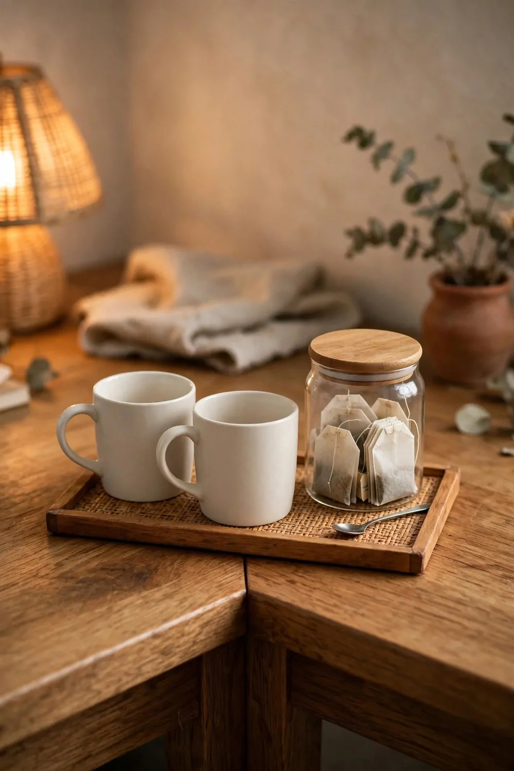 26 Cozy Home Office Setups That Feel Like a Warm Hug 3 Two plain white mugs and a glass jar of tea bags on a woven tray with a small spoon on a wooden desk corner in warm light.