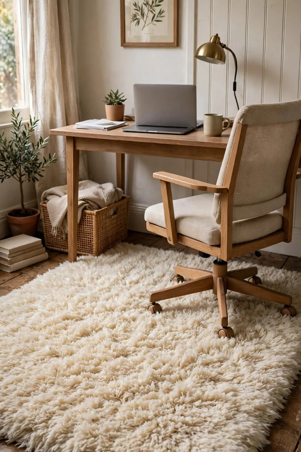26 Cozy Home Office Setups That Feel Like a Warm Hug 4 A thick soft shaggy rug in warm cream under a wooden desk and chair in a cozy home office, with bare floorboards at the edges.