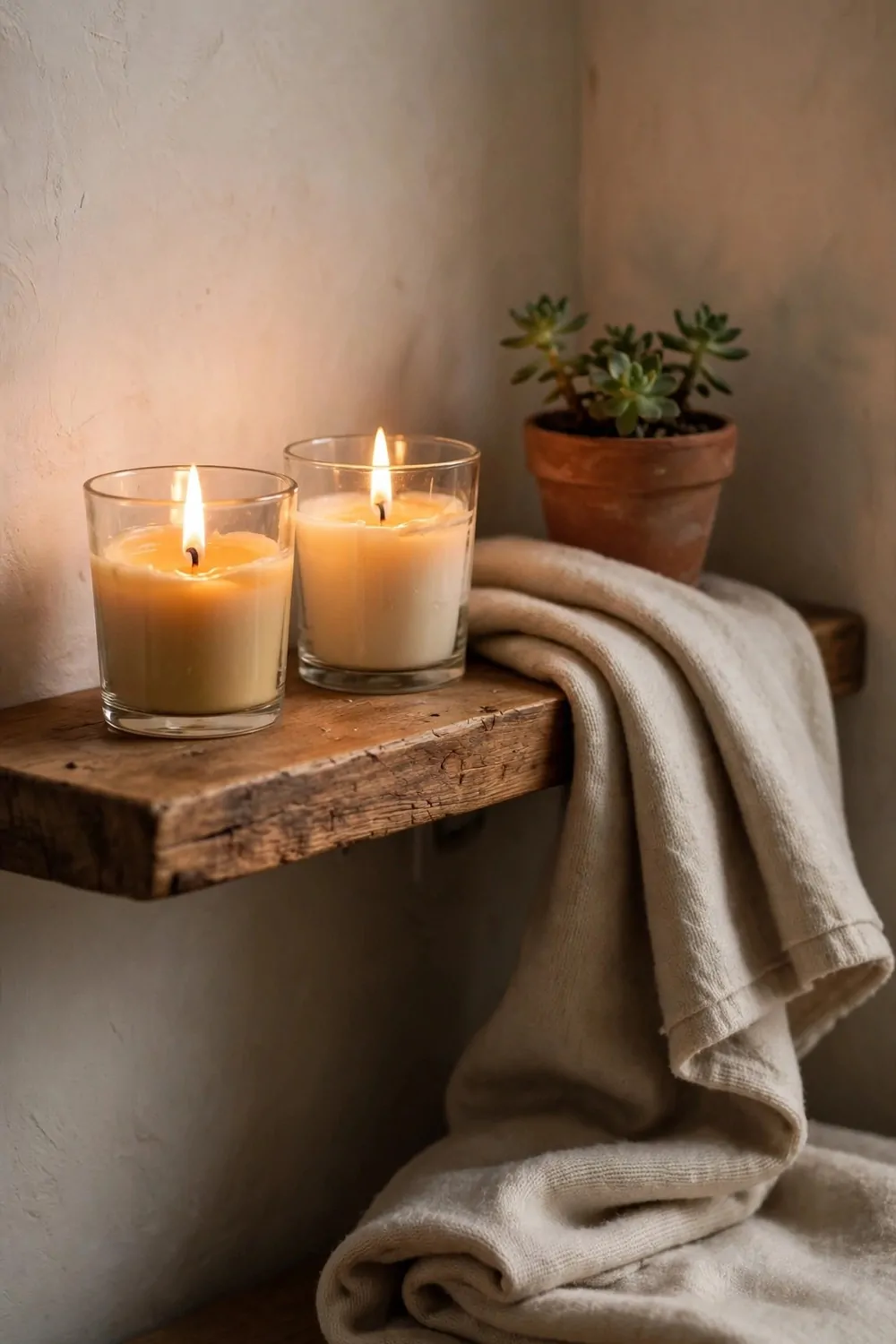 26 Cozy Home Office Setups That Feel Like a Warm Hug 5 Two lit candles in plain glass holders and a small potted succulent on a wooden shelf, with a folded cream blanket draped nearby in warm glow.