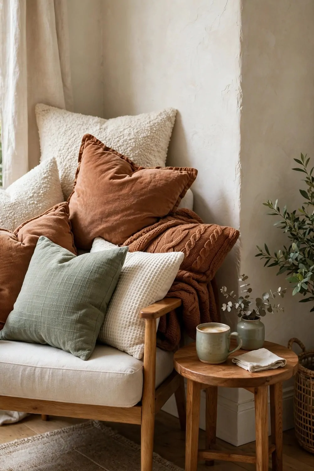 26 Cozy Home Office Setups That Feel Like a Warm Hug 6 A reading chair piled with soft cushions and pillows in cream, rust, and sage beside a small wooden side table with a mug, in a cozy corner.