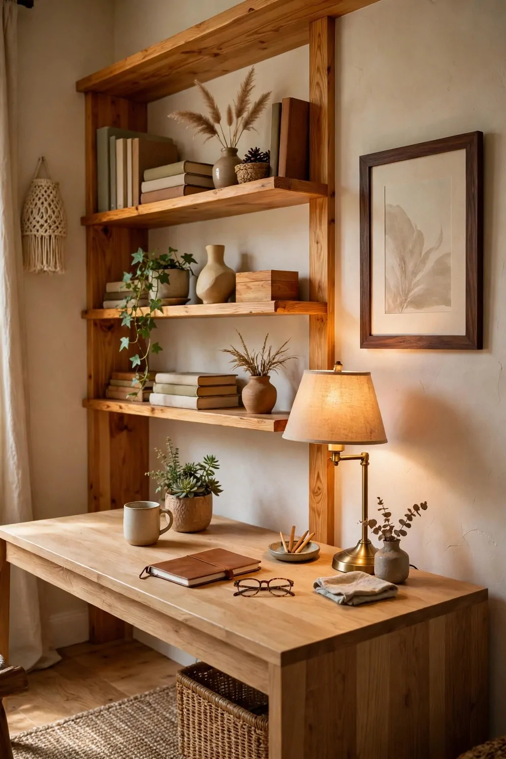 26 Cozy Home Office Setups That Feel Like a Warm Hug 7 A cozy home office desk in light oak with honey pine shelves, a dark walnut picture frame, books, plants, and a warm table lamp