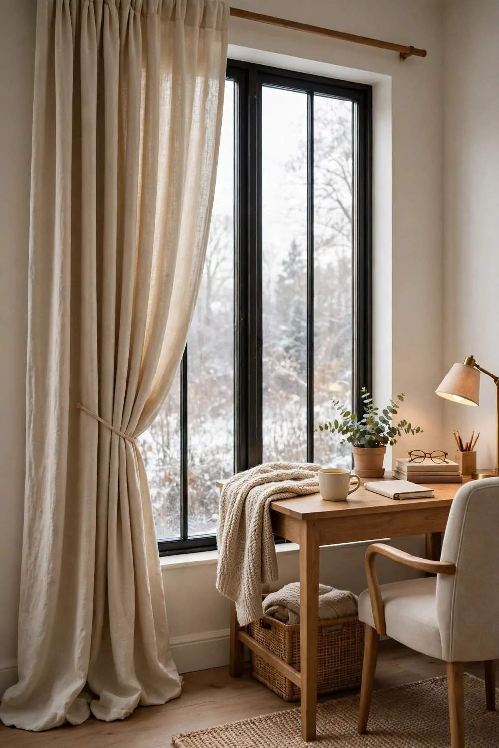 26 Cozy Home Office Setups That Feel Like a Warm Hug 8 Thick floor-length linen curtains in warm cream beside a tall window with a wooden desk nearby in soft winter daylight
