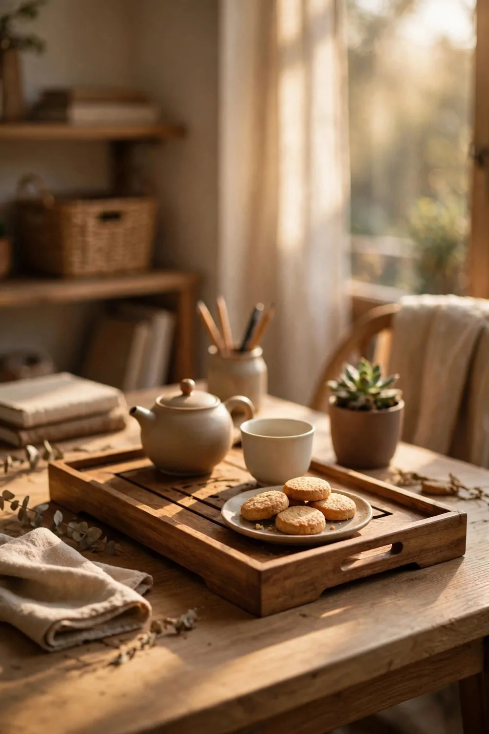 26 Cozy Home Office Setups That Feel Like a Warm Hug 9 A wooden tea tray on a desk holding a small teapot, a plain cup, and a small plate of biscuits in warm afternoon light