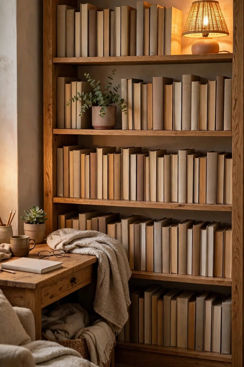 26 Cozy Home Office Setups That Feel Like a Warm Hug 10 A wooden bookshelf filled with books with plain spines, a small potted plant, and a warm glowing lamp beside a desk
