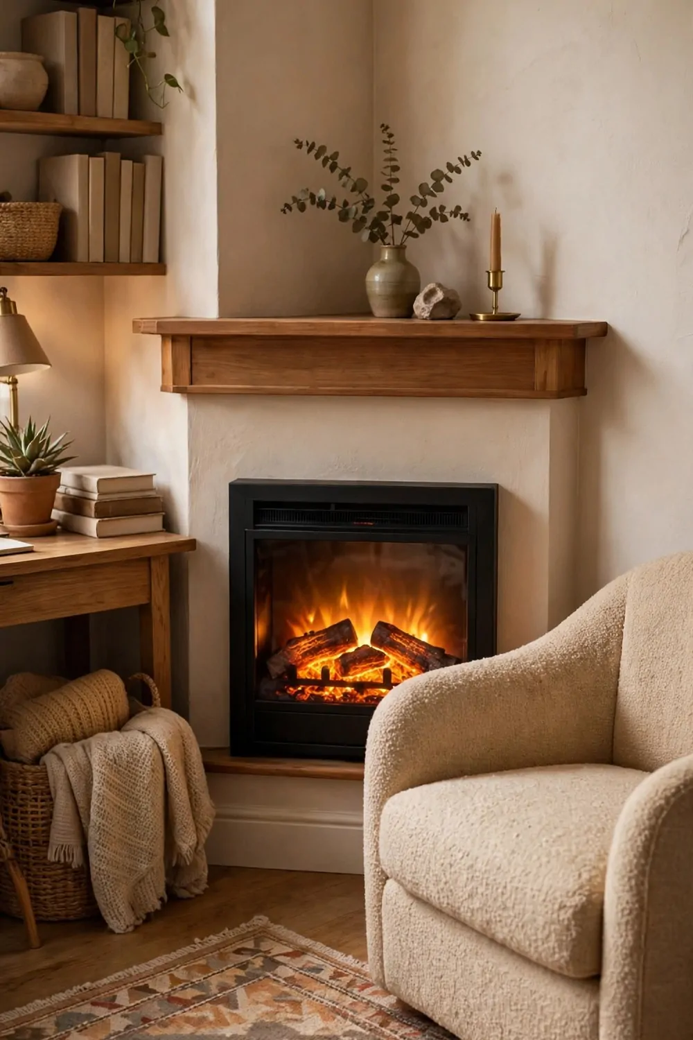 26 Cozy Home Office Setups That Feel Like a Warm Hug 11 A small electric fireplace glowing warmly under a wooden mantel shelf in a home office corner, with a cream armchair and a patterned rug nearby