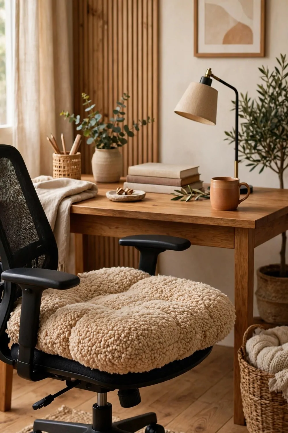 26 Cozy Home Office Setups That Feel Like a Warm Hug 12 A thick soft seat cushion in warm cream boucle fabric on an office chair at a wooden desk