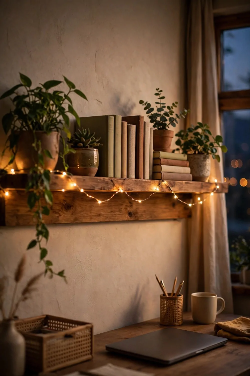 26 Cozy Home Office Setups That Feel Like a Warm Hug 13 Warm tiny string lights draped along a wooden wall shelf holding plants and books in a cozy home office in the evening glow