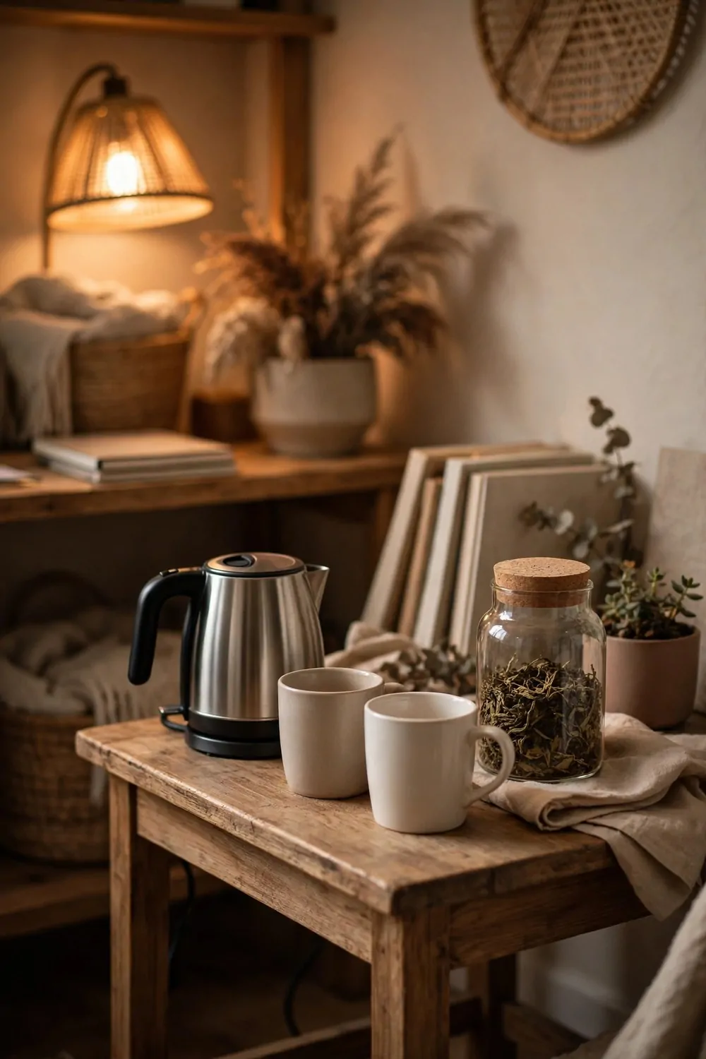 26 Cozy Home Office Setups That Feel Like a Warm Hug 14 A small electric kettle with two plain mugs and a glass jar of loose tea on a wooden side table in a warm, cozy home office nook