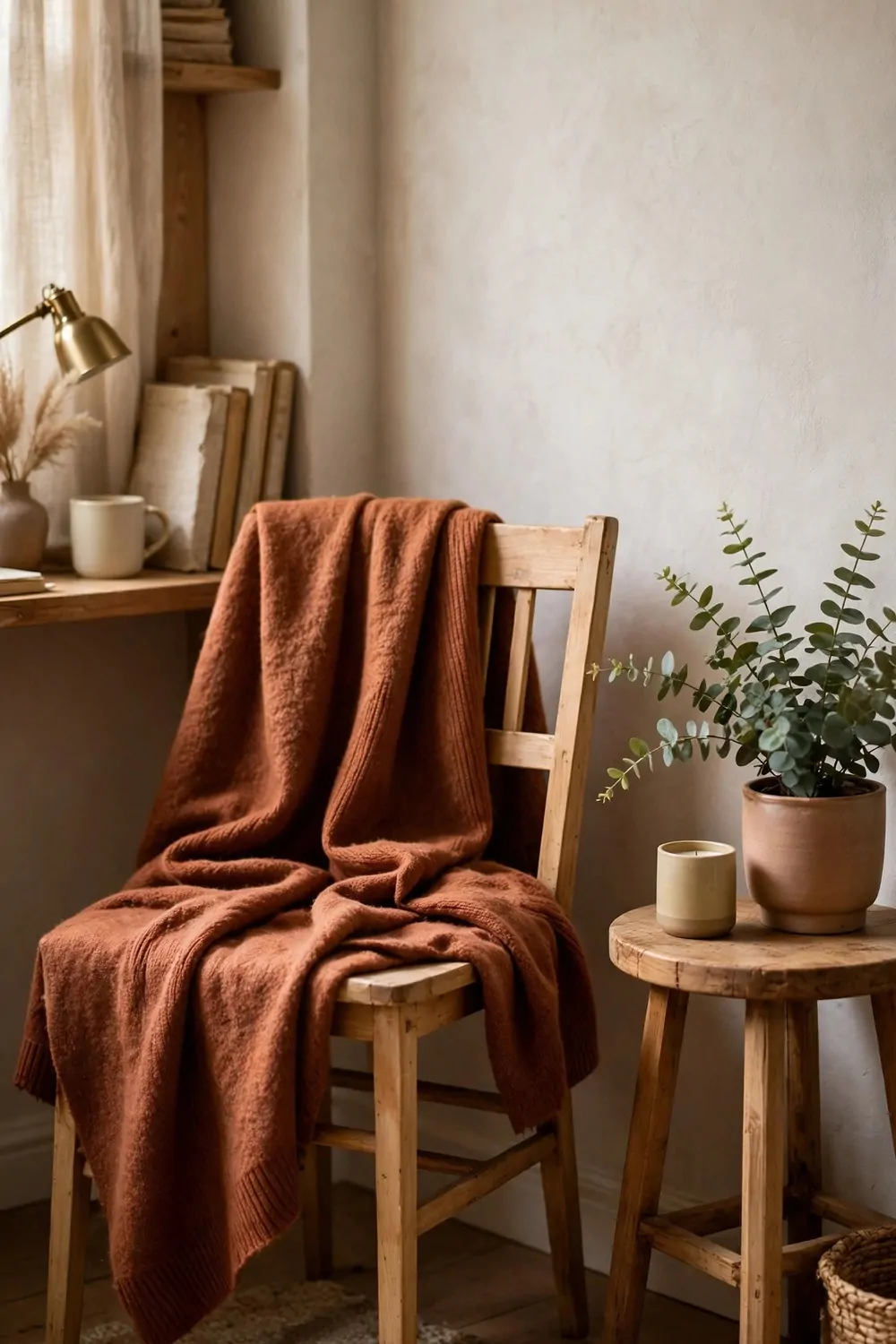 26 Cozy Home Office Setups That Feel Like a Warm Hug 15 A soft wool throw in warm rust draped over a wooden chair beside a small side table with a potted plant in a cozy home office corner