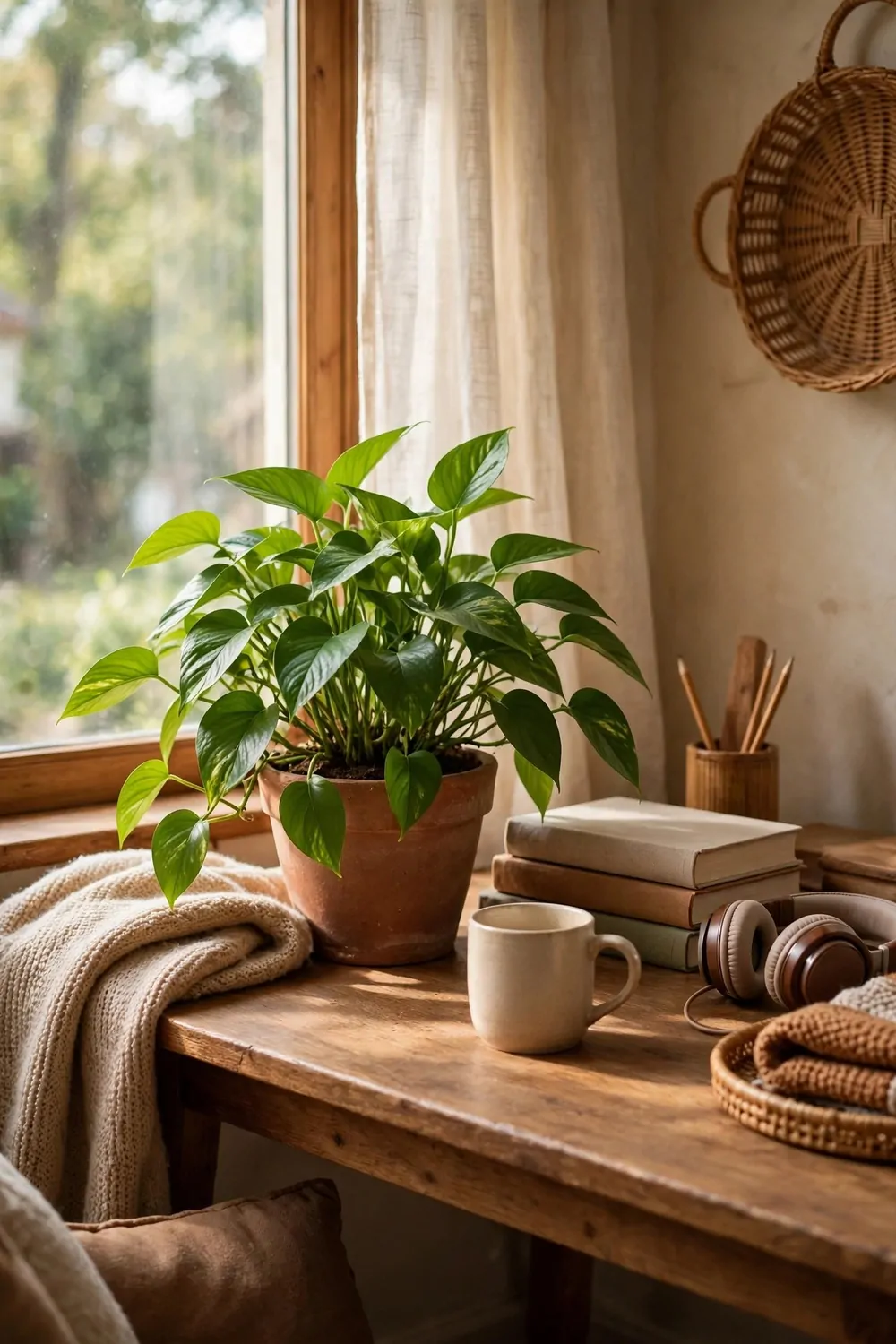 26 Cozy Home Office Setups That Feel Like a Warm Hug 16 A healthy leafy green potted plant in a terracotta pot on a wooden desk near a bright window in a cozy home office