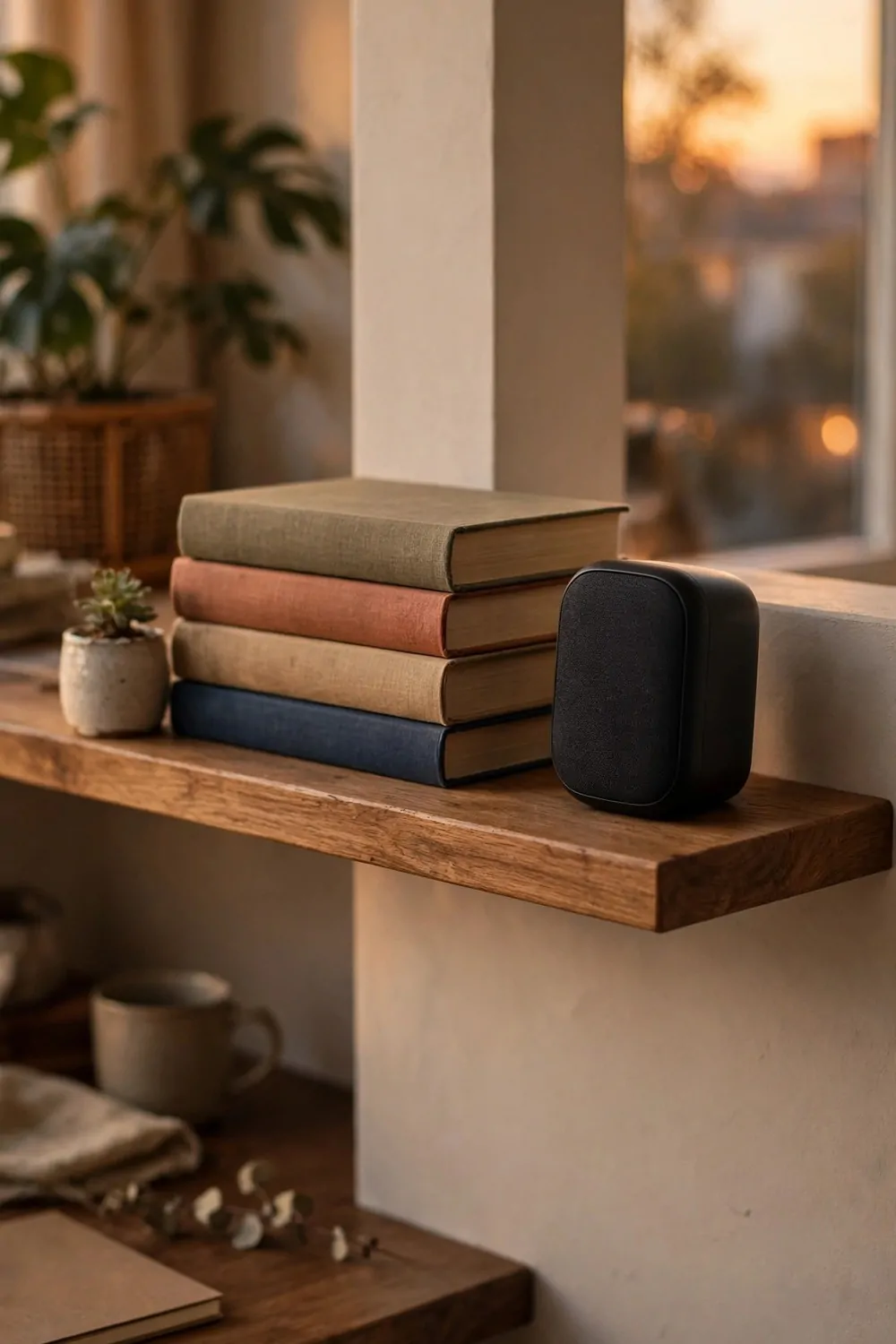 26 Cozy Home Office Setups That Feel Like a Warm Hug 17 A small plain black speaker on a wooden shelf beside a stack of books and a tiny potted plant in a cozy home office corner in warm evening light