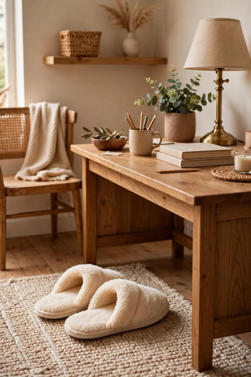 26 Cozy Home Office Setups That Feel Like a Warm Hug 18 A pair of soft fluffy slippers in warm cream on a soft woven rug beside a wooden desk in a cozy home office
