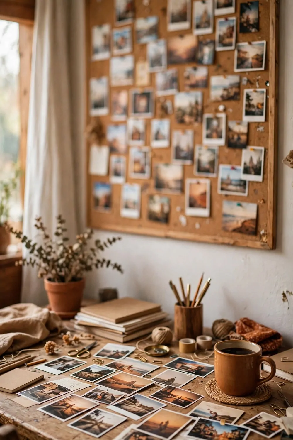 26 Cozy Home Office Setups That Feel Like a Warm Hug 19 A cork pin board above a wooden desk covered with small blurred photos and postcards in warm tones, with more small photos spread on the desk below