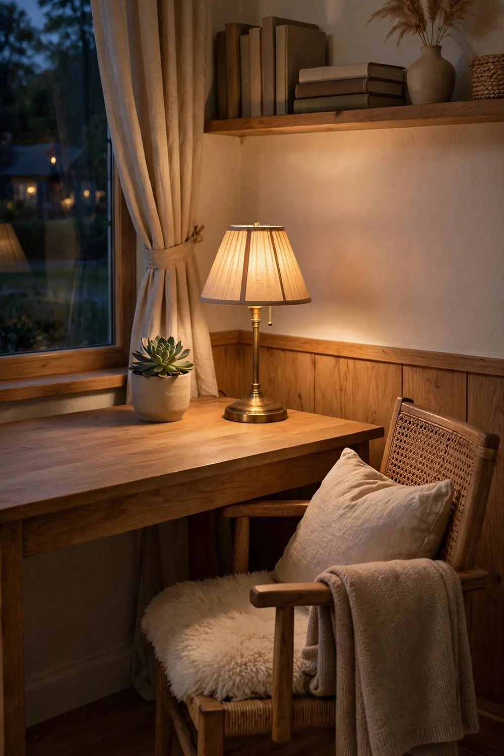 26 Cozy Home Office Setups That Feel Like a Warm Hug 20 A tidy wooden desk at the end of the day with a warm lamp glowing low, a fluffed cushion and a folded blanket on the chair, in calm evening light