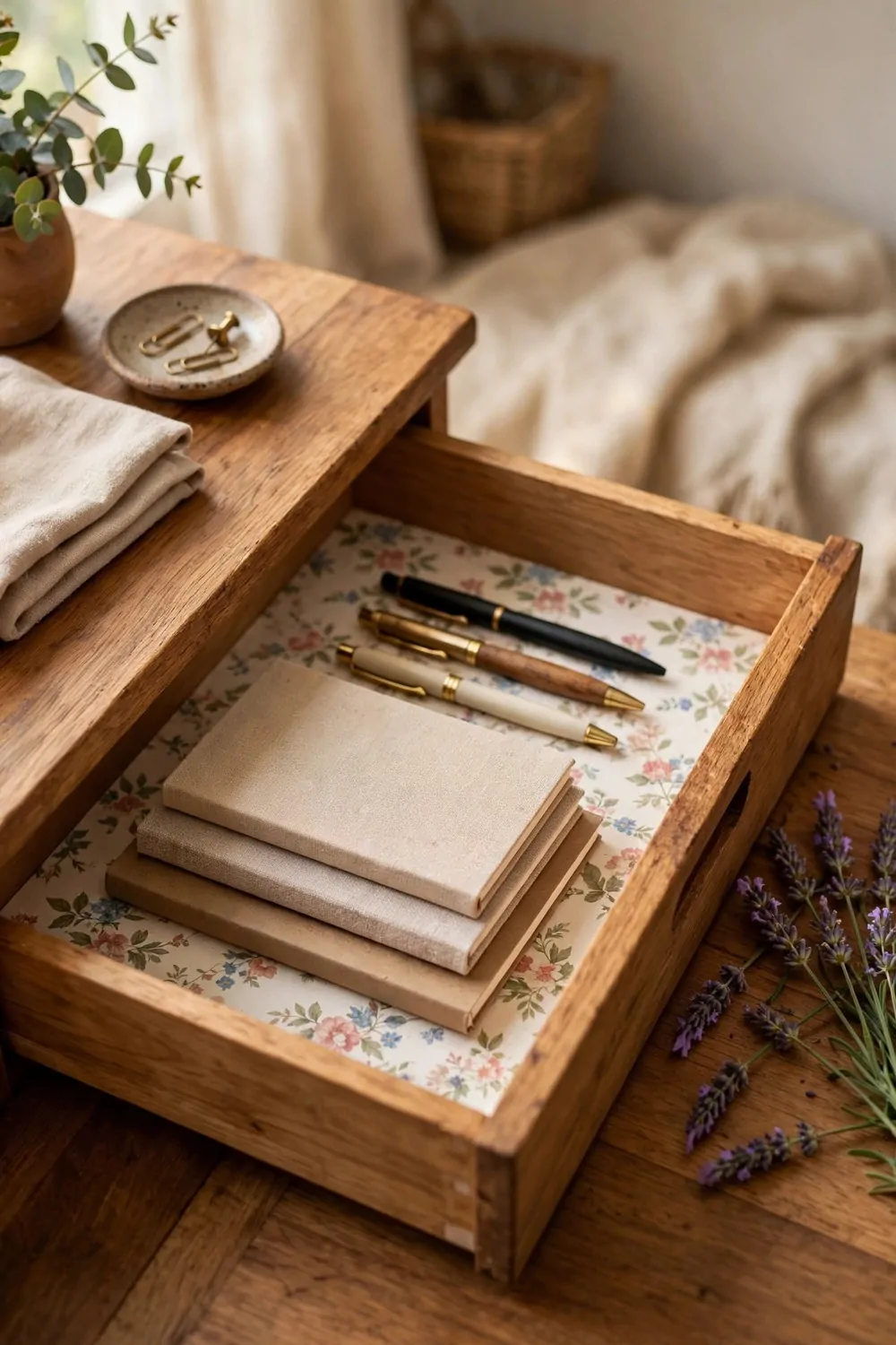 26 Cozy Home Office Setups That Feel Like a Warm Hug 21 An open wooden desk drawer lined with soft floral paper, holding neat pens and plain notebooks, with lavender sprigs beside it