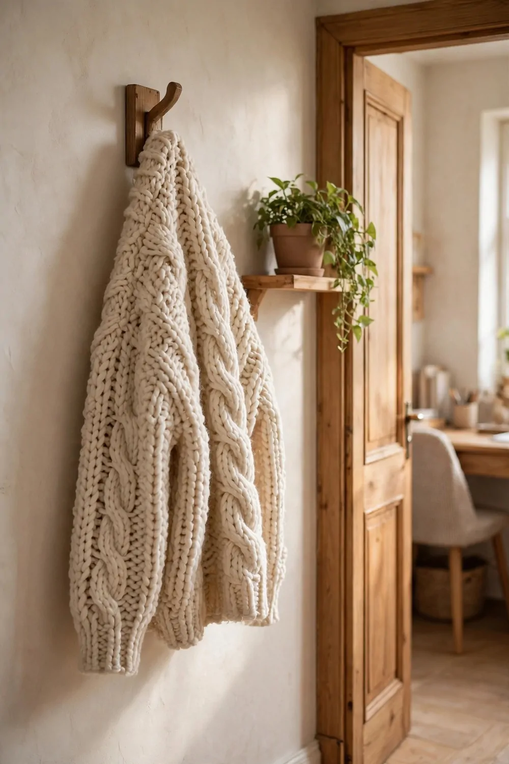 26 Cozy Home Office Setups That Feel Like a Warm Hug 22 A cream chunky knit sweater hanging on a wooden hook by a home office door, beside a small shelf with a trailing green plant