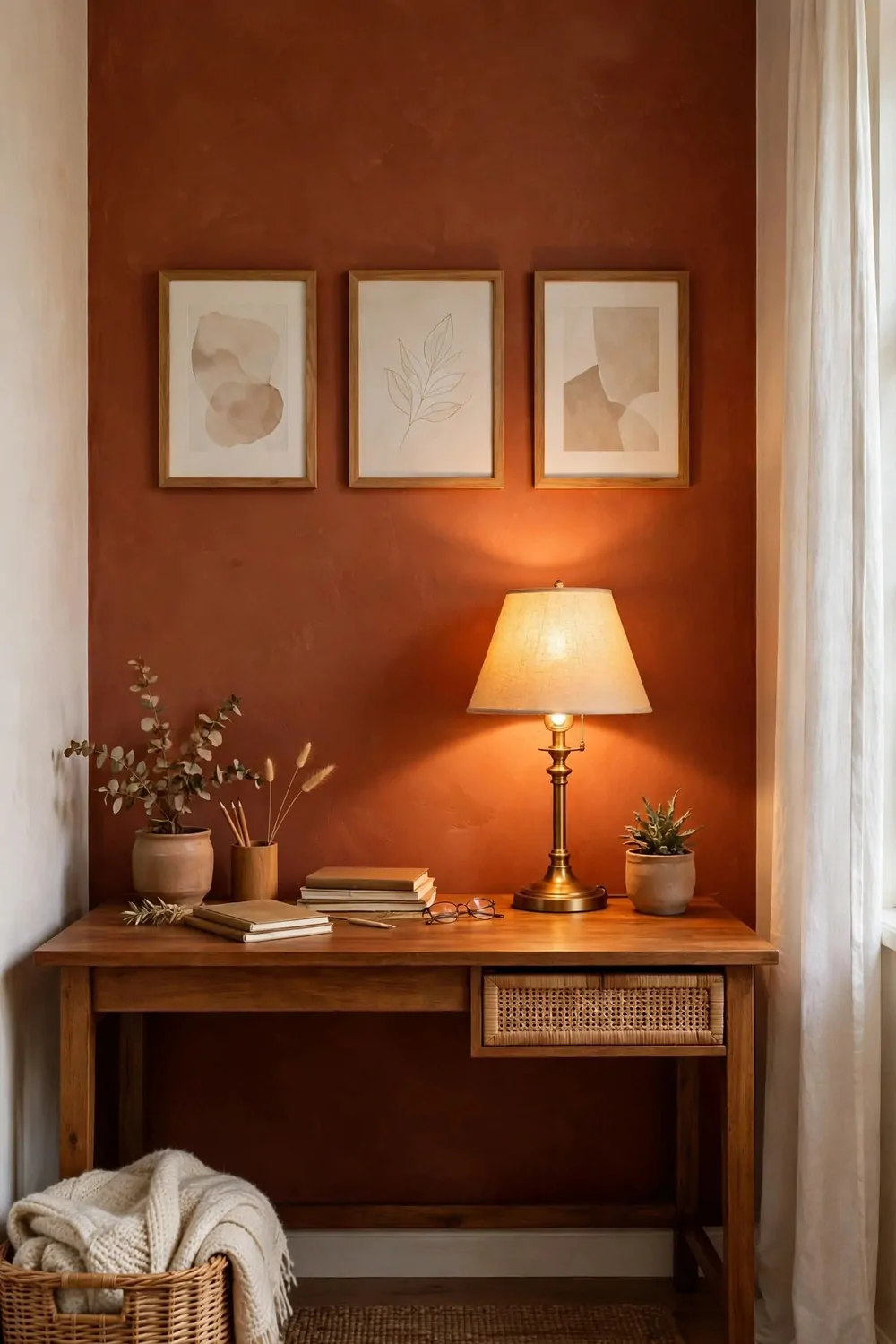 26 Cozy Home Office Setups That Feel Like a Warm Hug 23 A warm terracotta accent wall behind a wooden desk with a glowing lamp and three framed prints, with books and plants on the desk