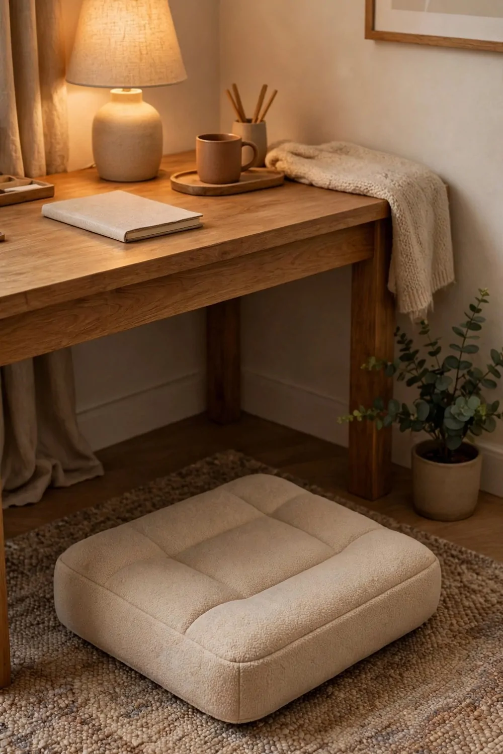 26 Cozy Home Office Setups That Feel Like a Warm Hug 24 A soft cream padded footrest on a woven rug in front of a wooden desk in a warm home office corner, with a lamp, mug and plant