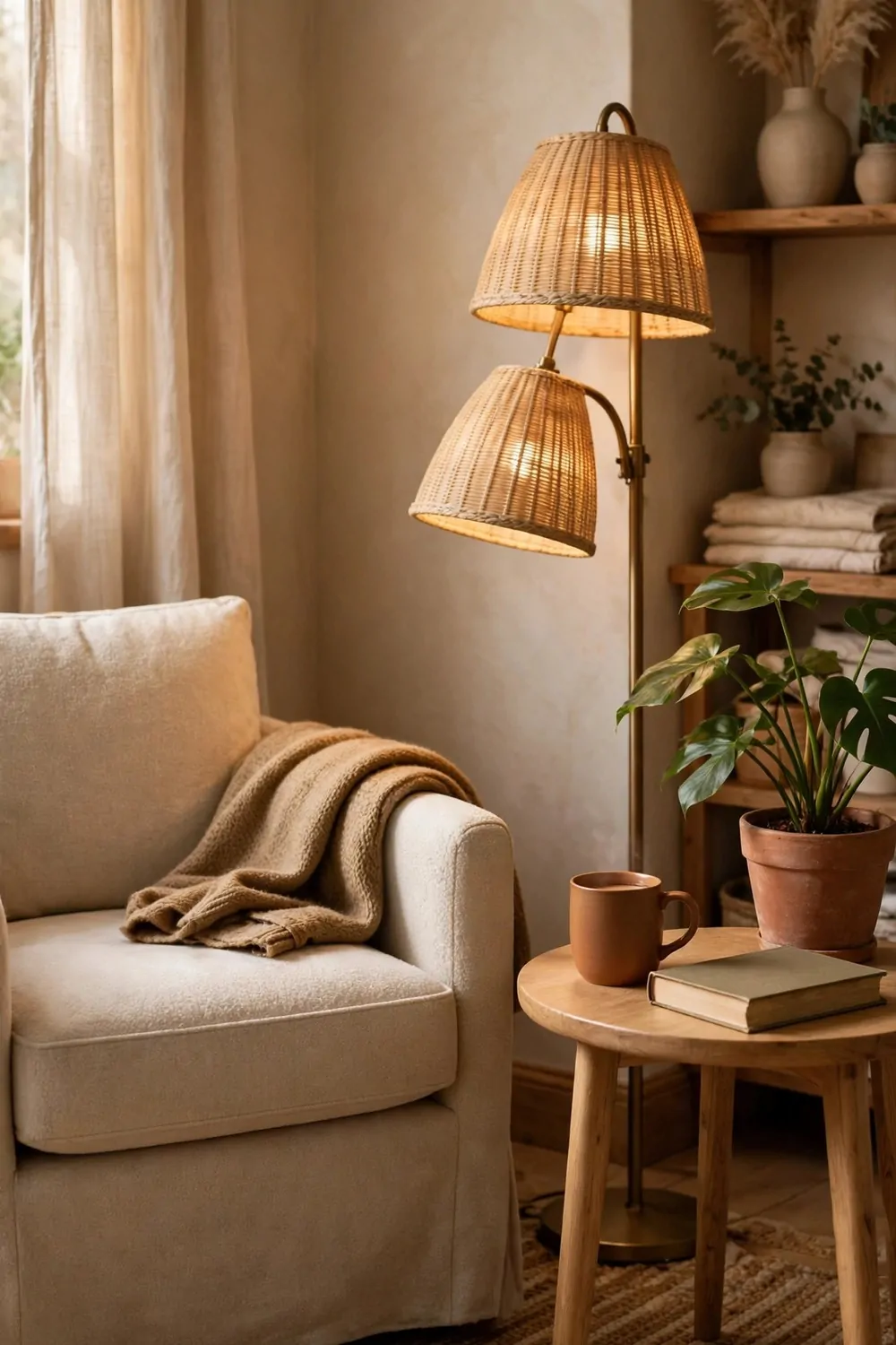 26 Cozy Home Office Setups That Feel Like a Warm Hug 25 A comfortable cream armchair with a blanket beside a small round side table with a book, a mug and a plant, under a rattan floor lamp