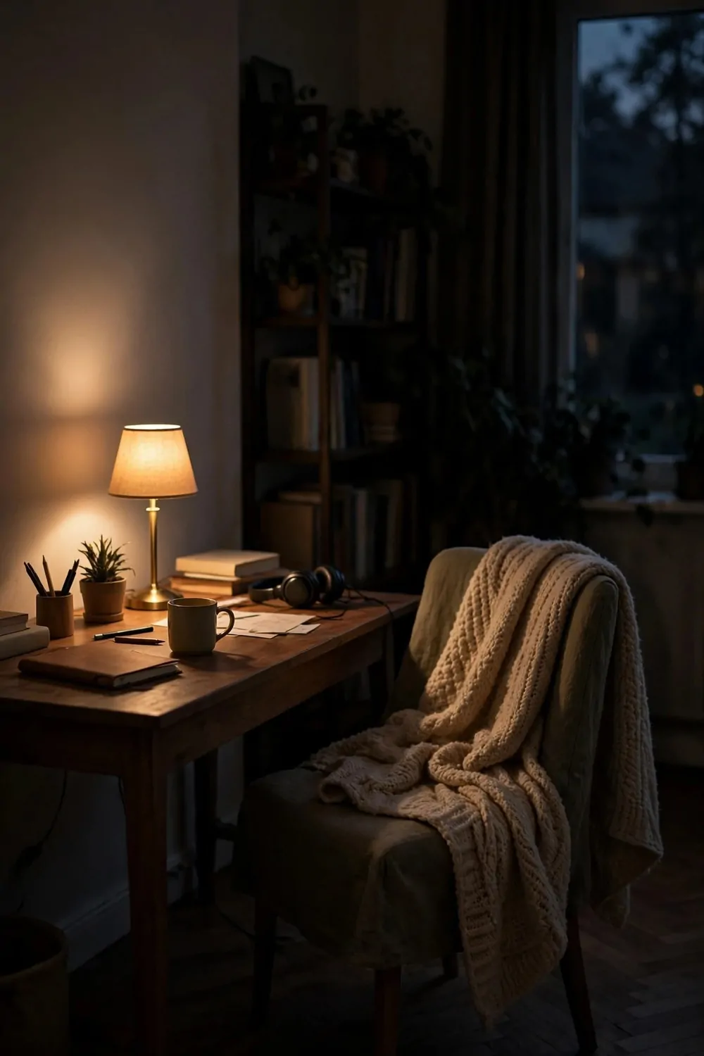 26 Cozy Home Office Setups That Feel Like a Warm Hug 26 A home office in the evening lit by one small warm lamp, with a knit blanket draped over the chair and the rest of the room in soft shadow
