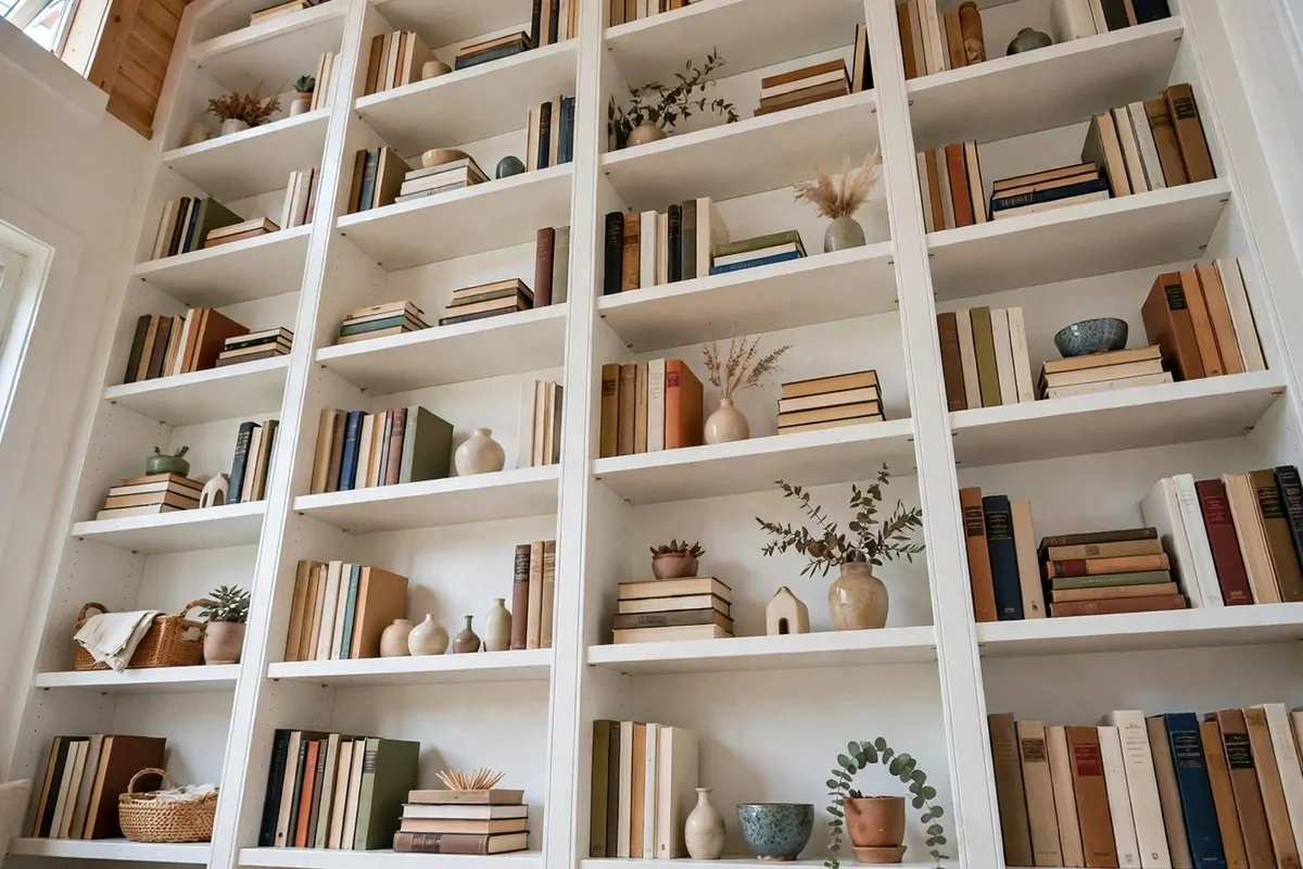Floor-to-ceiling white built-in shelves in a tiny house living room