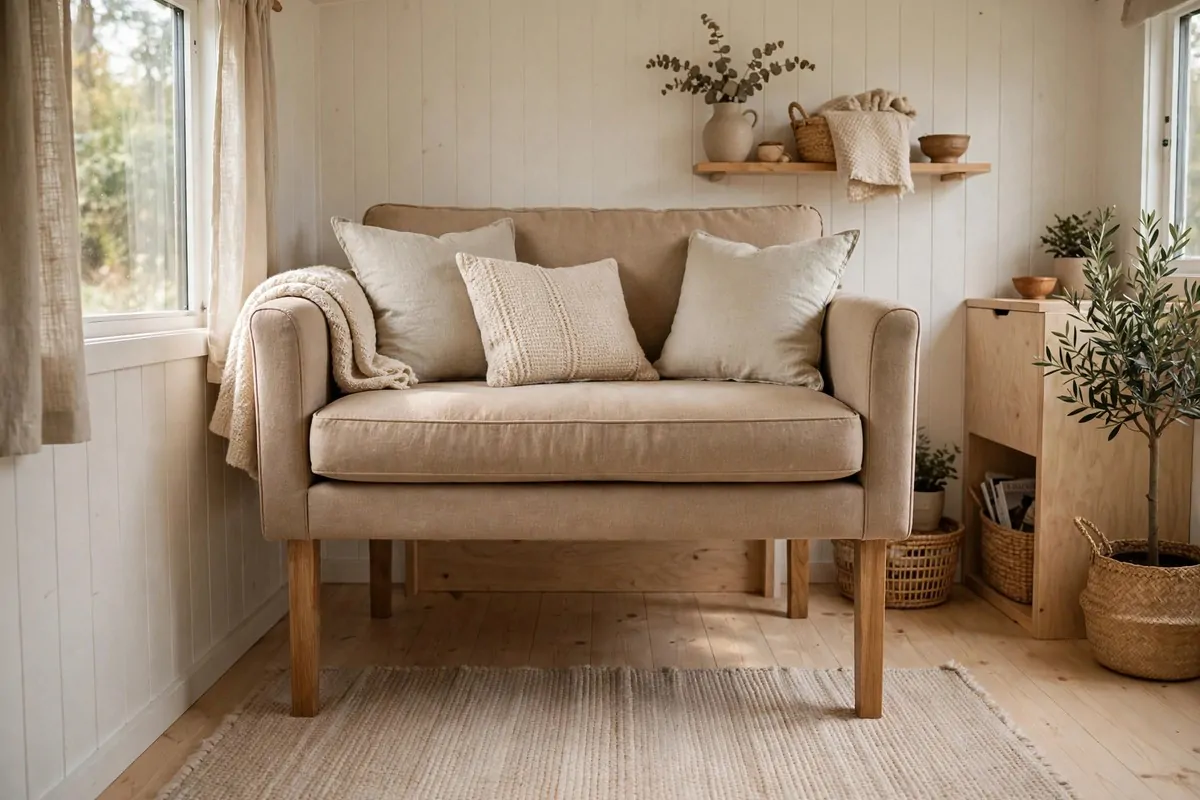Loveseat raised on tall wooden legs in a tiny house living room