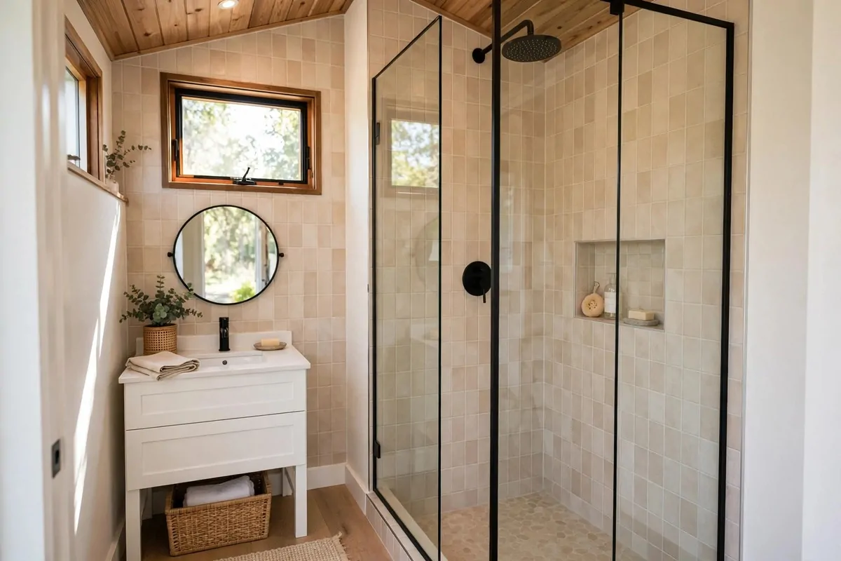 Tiny house bathroom with clear glass shower partition and light tiles