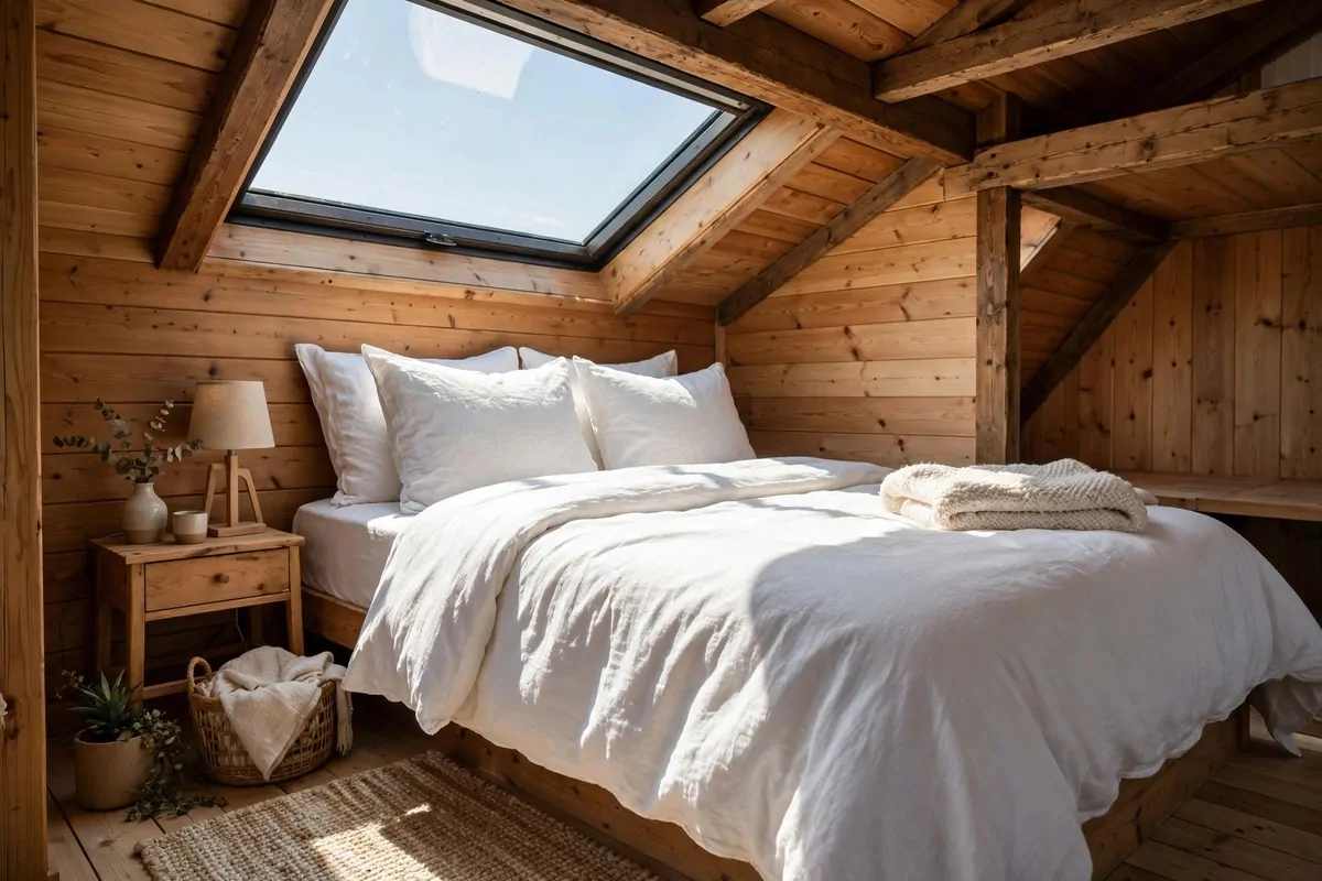 Cozy tiny house loft bedroom with a skylight above the bed