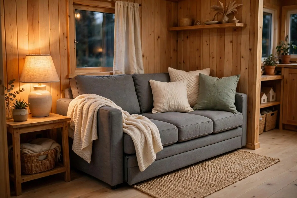 Compact sofa bed in sofa mode in a tiny house living room
