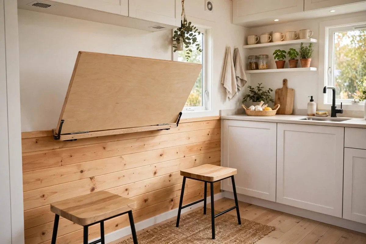 Fold-down wall-mounted dining table in a tiny house