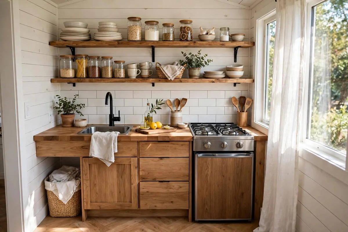 Tiny house kitchen with open wooden shelves above the counter
