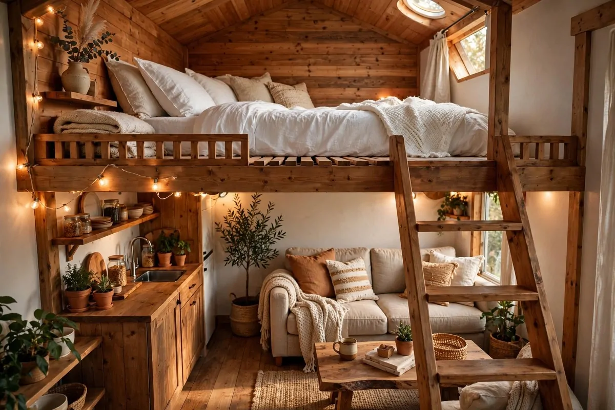 Tiny house loft bedroom above the living area with a wooden ladder