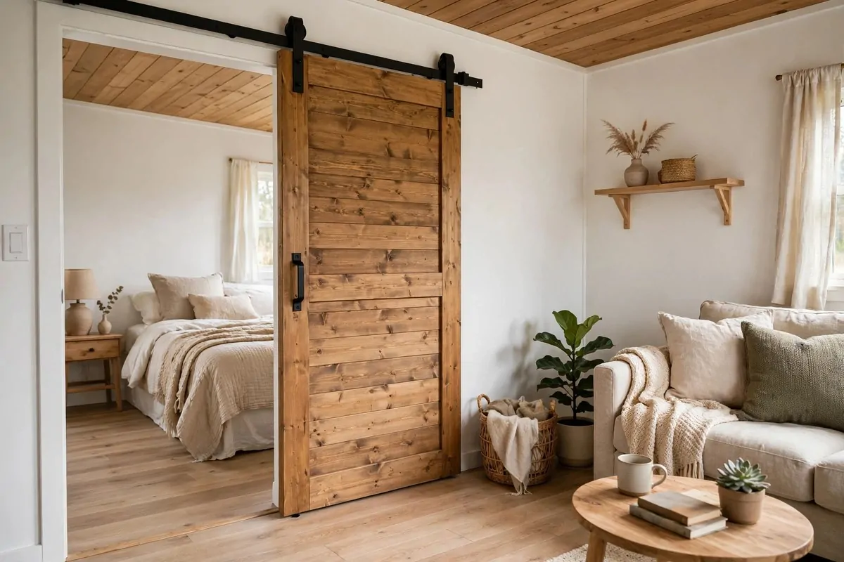 Wooden sliding barn door inside a tiny house