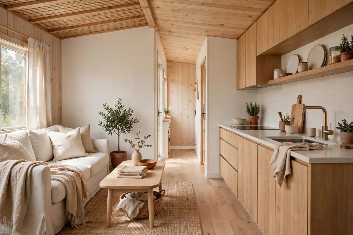 Tiny house with warm white and natural wood tones flowing from living room to kitchen