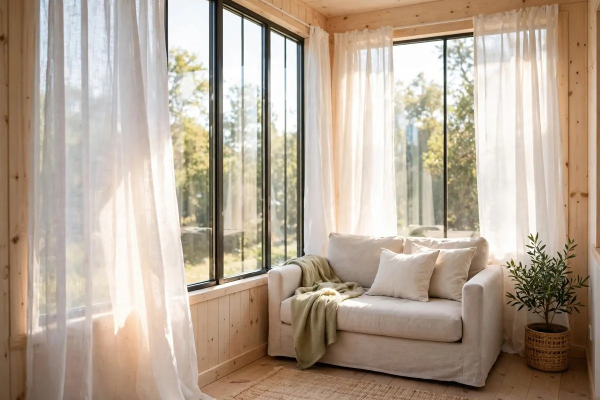 Large windows with sheer white curtains glowing with daylight