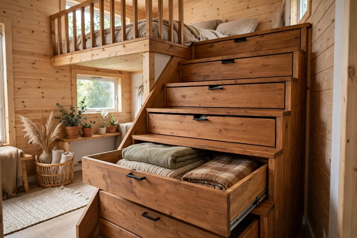 Wooden loft stairs where each tread is a deep pull-out storage drawer