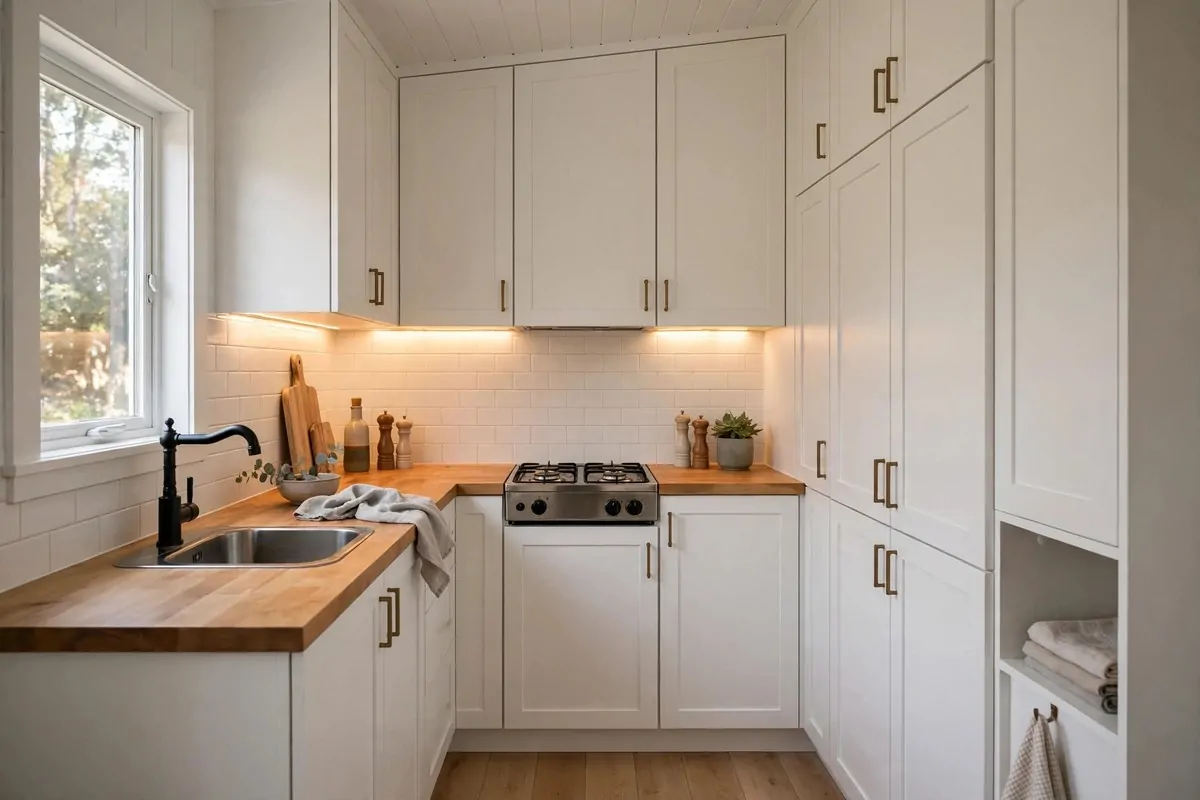 White tiny house kitchen with tall cabinets reaching the ceiling