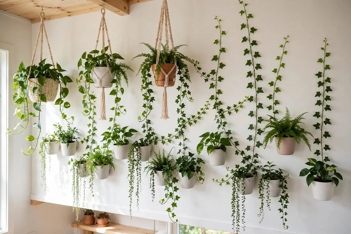 White wall in a tiny house covered with wall-mounted planters and climbing plants