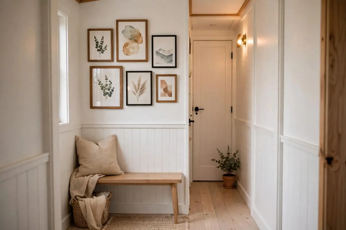 Narrow hallway with a small gallery wall of framed prints