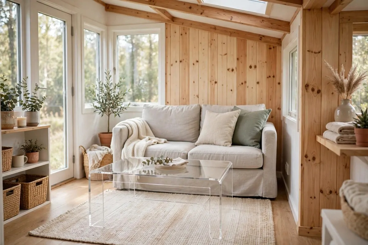 Tiny house living room with a clear acrylic coffee table